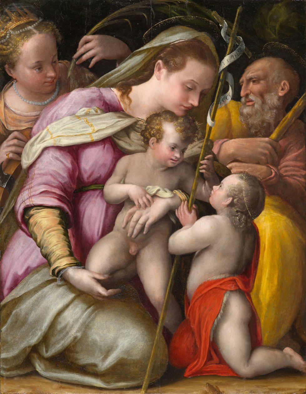 Hellig familie med den hellige Katarina af Alexandria og spædbarnet Johannes Døberen, ca. 1551-1556 (olie på poppelpanel) af Prospero Fontana