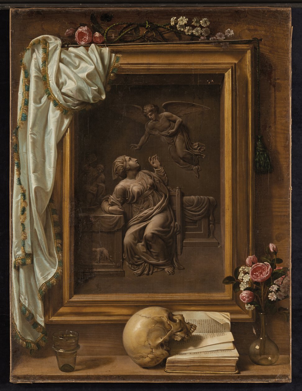 Trompe-l"œil med bronzebasrelief, der repræsenterer bebudelsen, 1825 af Prospero Mallerini