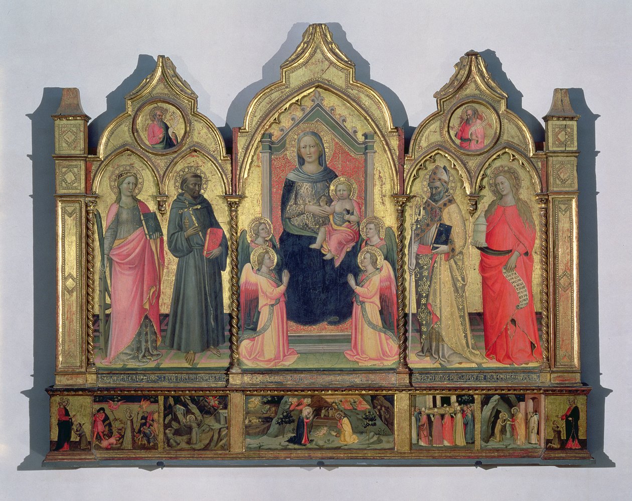 Madonna og barn troner med St. Catherine, St. Francis, St. Zenobius og St. Mary Magdalene (tempera dn panel) af Pseudo Ambrogio di Baldese