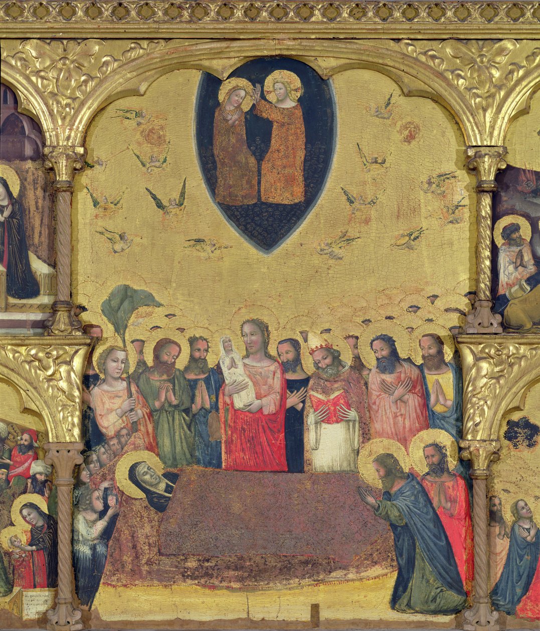 Polyptykon af Jomfruens Dormition, detalje af Dormition og Kroning (tempera på panel) af Pseudo Jacopino di Francesco