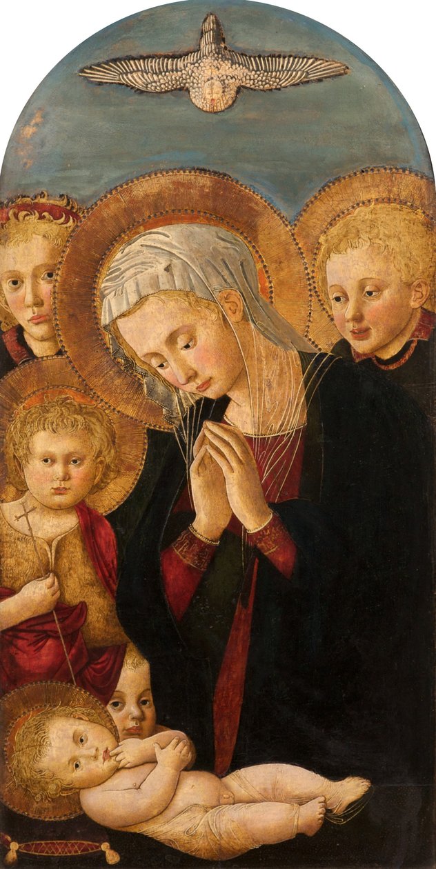 Madonna tilbeder Kristusbarnet, med Johannes Døberen og engle, ca. 1480-1500 af Pier Francesco Fiorentino