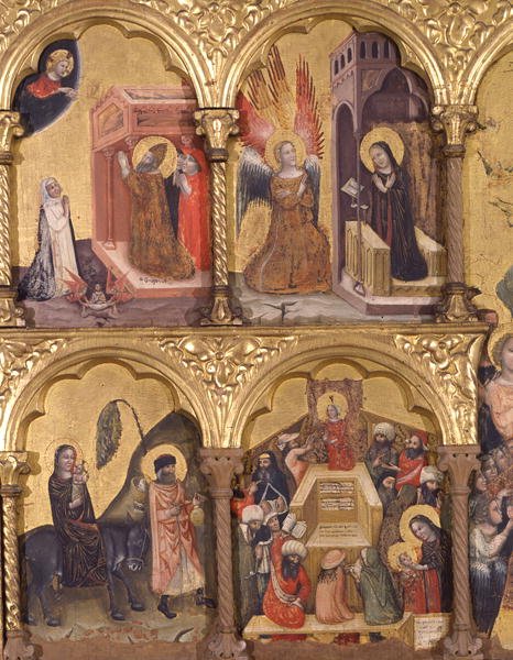 Polyptykon af Jomfruens Dormition, detalje af Skt. Gregor den Store (540-604) Beder om udfrielse af Trajans sjæl (53-117) fra skærsilden, bebudelsen, flugten til Egypten og Jesus med lægerne ( tempera på panel) af Pseudo Jacopino di Francesco