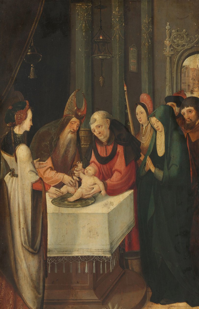 Kristi omskæring, venstre fløj af en altertavle, på verso er jomfruen fra en bebudelsesscene af Pseudo Jan Wellens de Cock (attributed to)