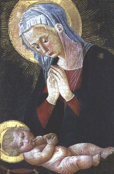 Madonna tilbeder Kristusbarnet (tempera på panel) af Pseudo Pier Francesco Fiorentino