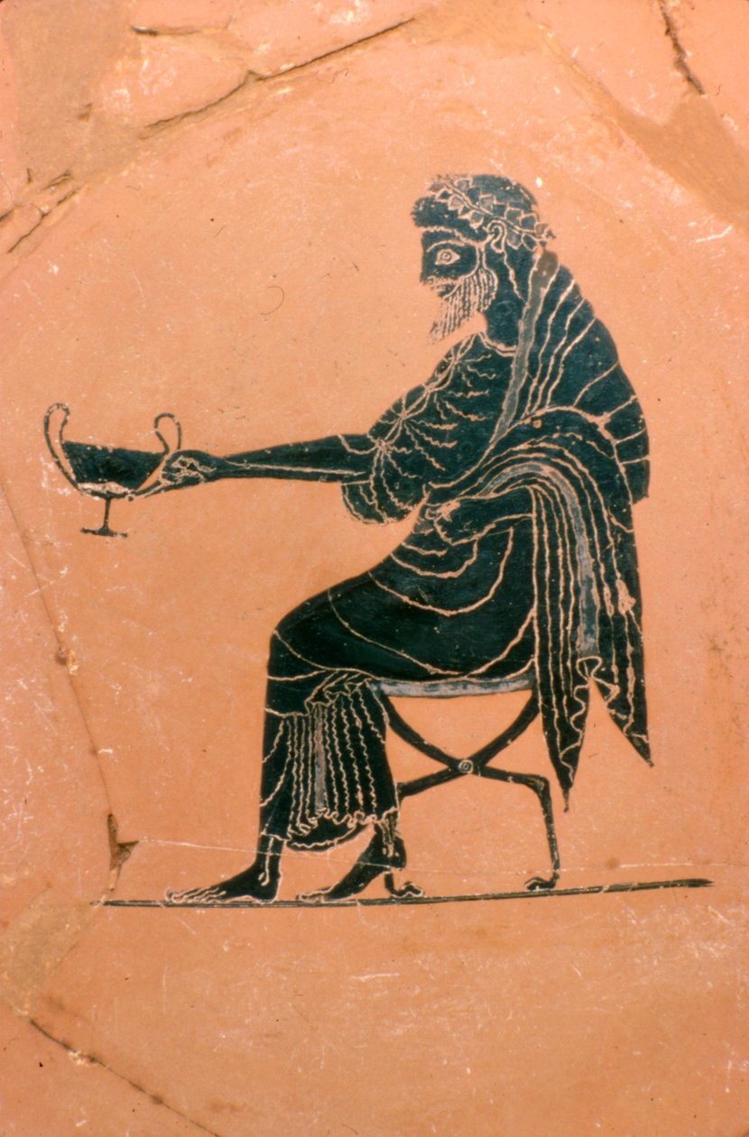 Detalje af Dionysos siddende, græsk plade, malet af Psiax, c520 f.Kr. af Psiax