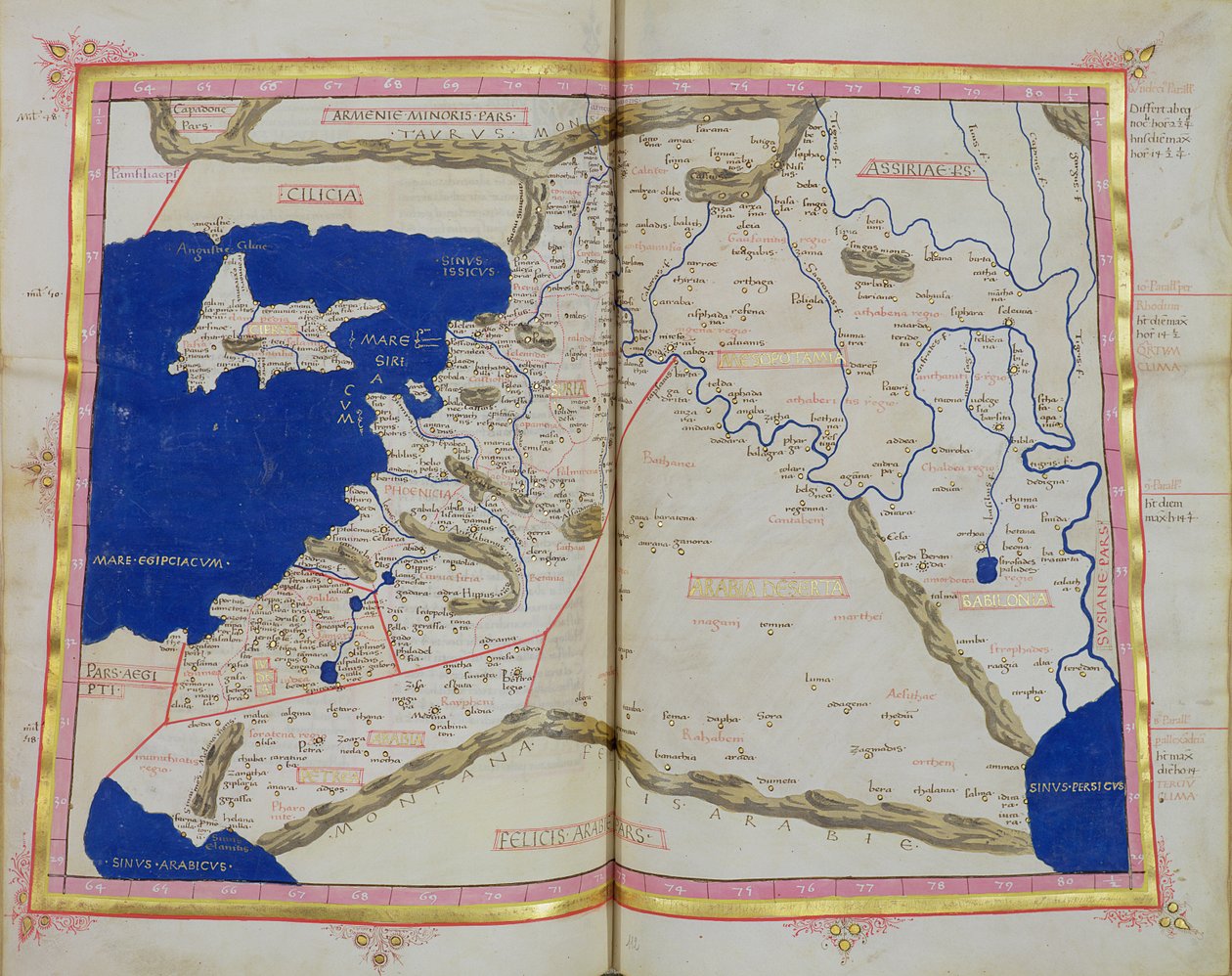 Ms Lat 463 f.111v-112r Kort over Fønikien, Mesopotamien og Babylon af Ptolemy