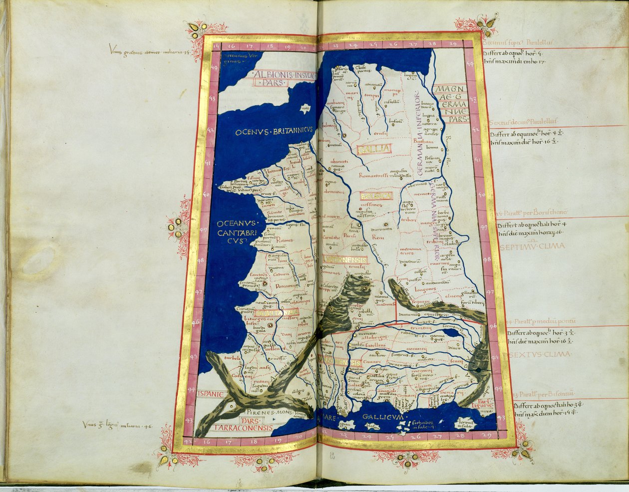 Ms Lat 463 fol.81v-82r Kort over Gallien, Belgien, Lyon og Aquitaine af Ptolemy