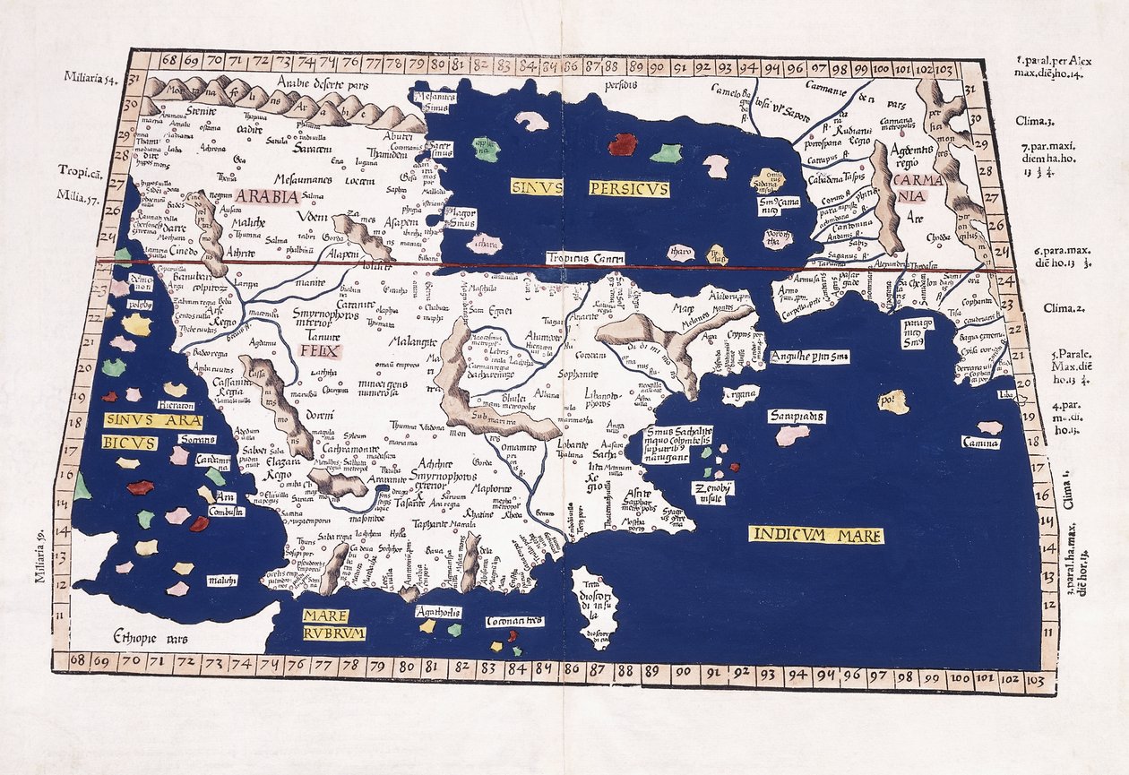 Kort over Arabien, Den Persiske Golf og Det Indiske Hav, 1541 af Ptolemy