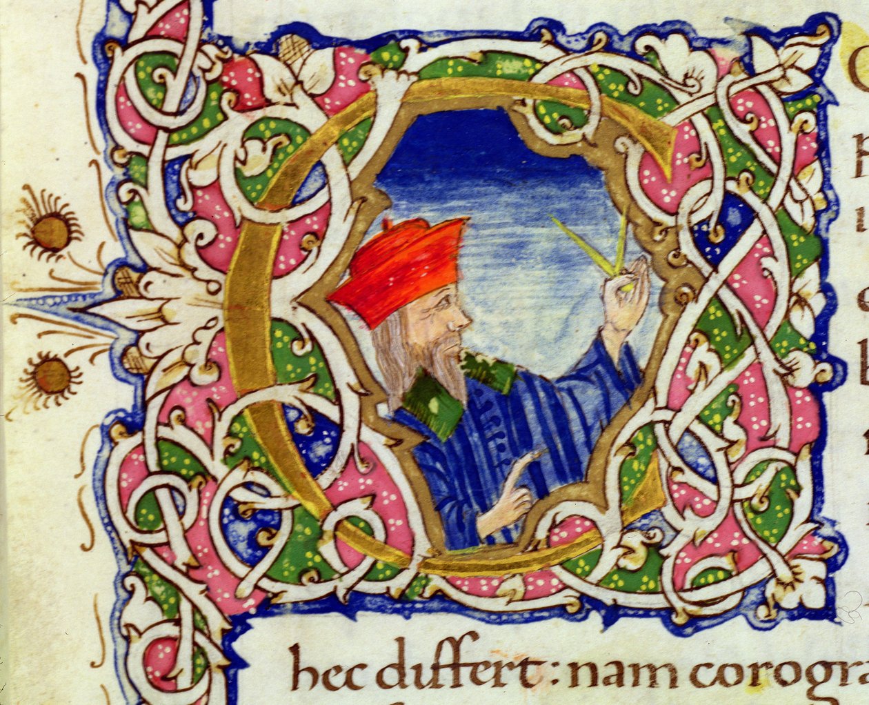 Ms Lat 463 fol.21r Historieret bogstav "C" med et portræt af Ptolemæus (ca.90-168) fra et verdenskort af Ptolemy