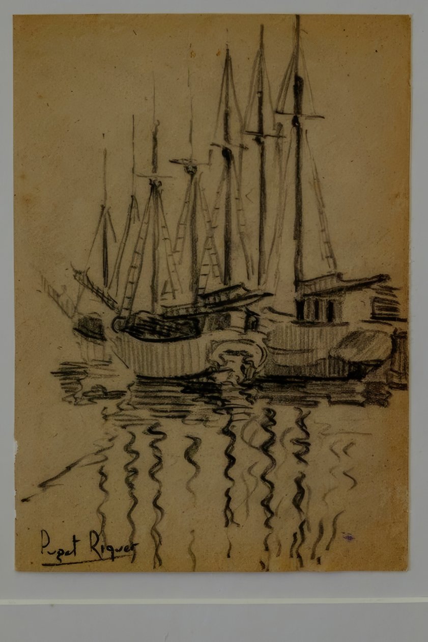 sejlbåde, Narcís Puget Riquer, kultegning, Puget museum, Can LLaudis adelige hus, Dalt Vila, Ibiza, baleariske øer, Spanien af Puget Riquer