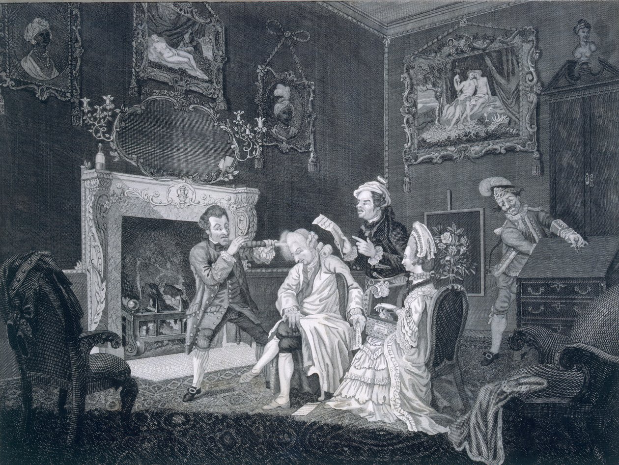 Tjenere distraherer en forfængelig gammel mand, mens en anden stjæler fra bureauet, indgraveret af Goldar, 1771 af Pugh