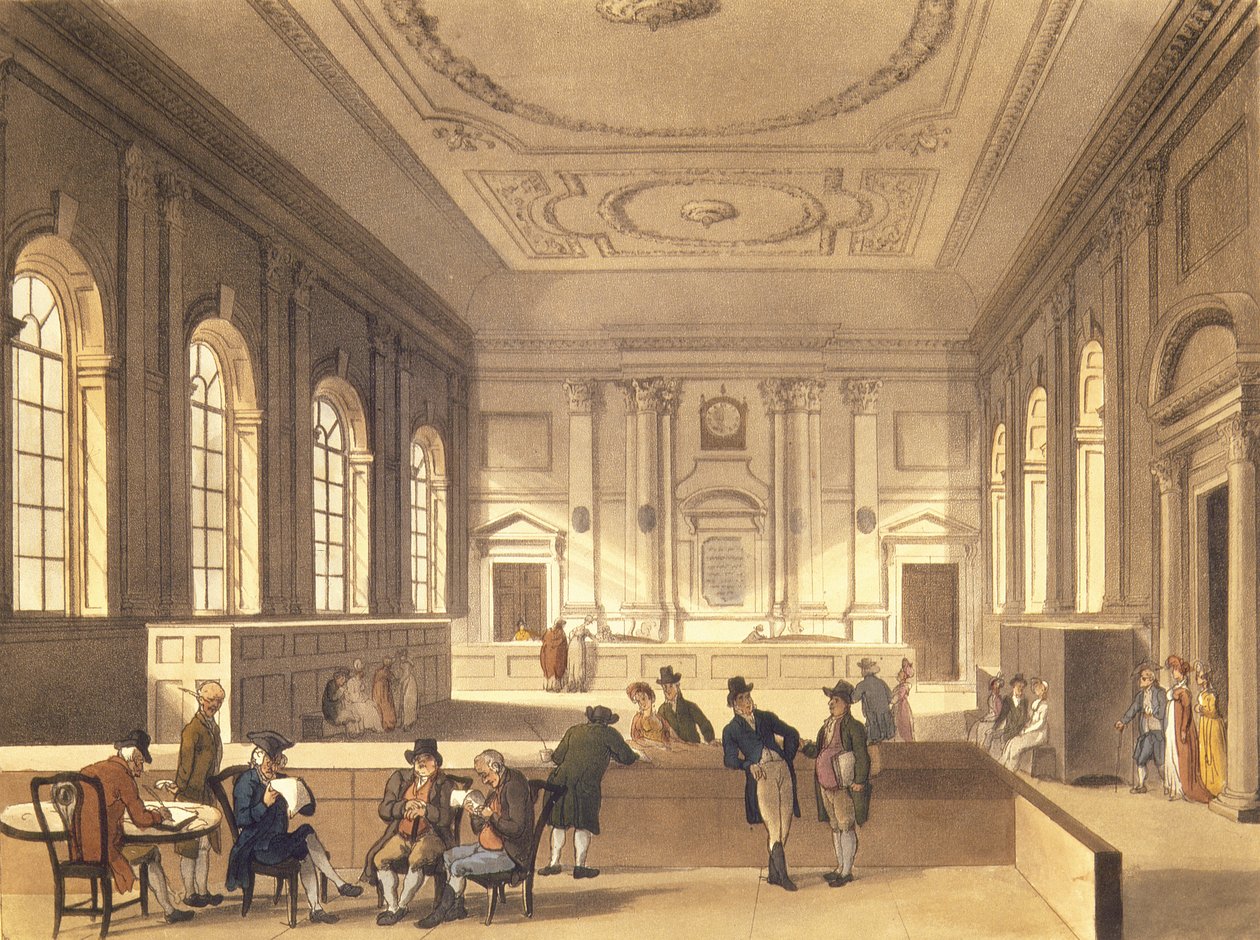 Dividend Hall på South Sea House, pub. af R. Ackermann, 1810 (akvatint) af Pugin and Rowlandson