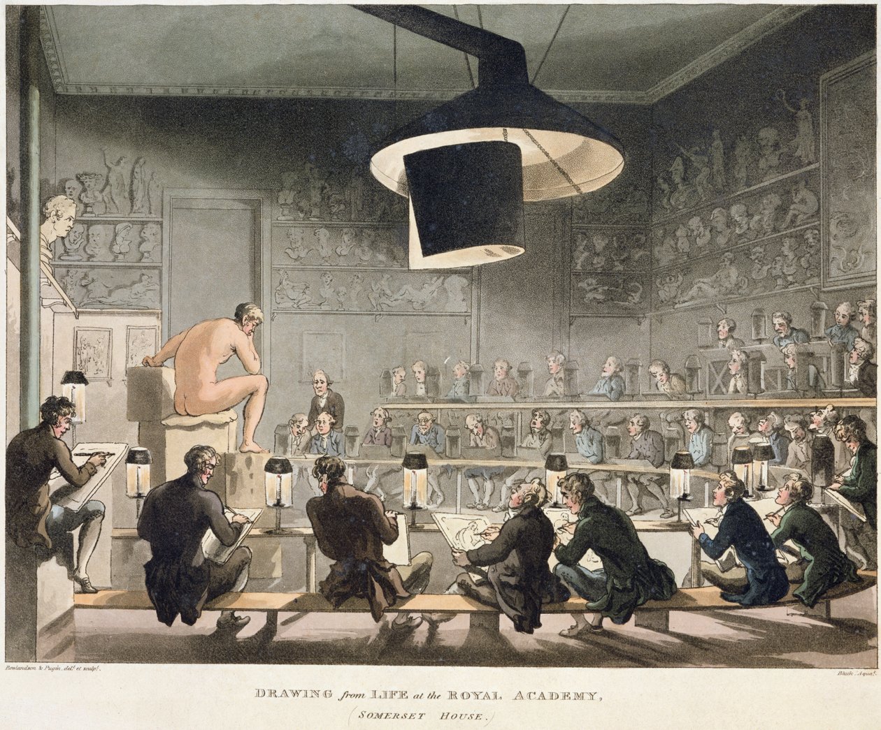Tegning fra Livet på Royal Academy (farvet gravering) af Pugin and Rowlandson