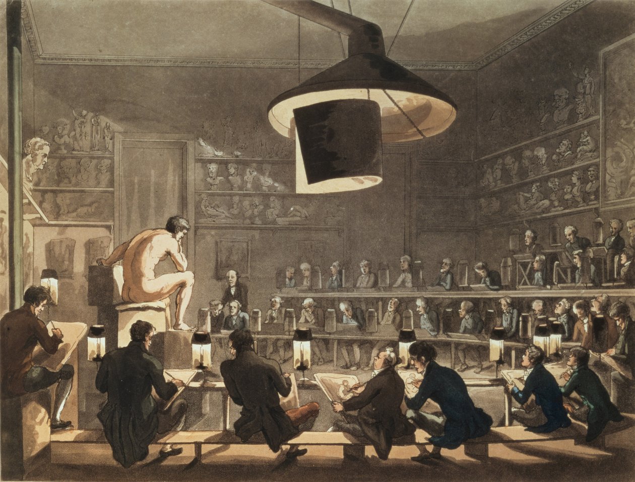 Tegning fra Livet på Royal Academy, indgraveret af Richard Banks Harraden (1778-1862) (akvatinte) af Pugin and Rowlandson