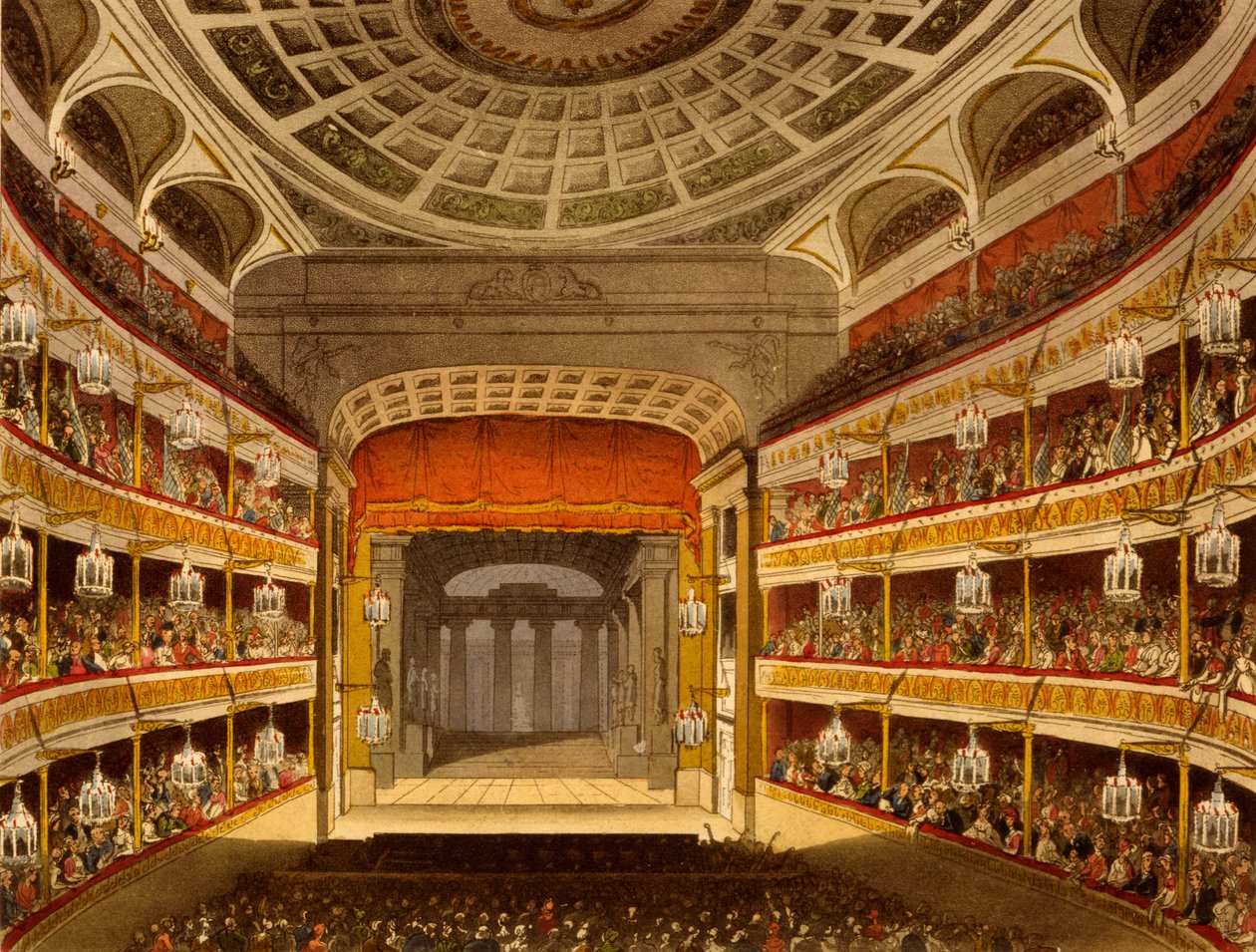 New Covent Garden Theatre, fra Microcosm of London, 1810 af R Ackermann (håndfarvet akvatint) af Pugin and Rowlandson