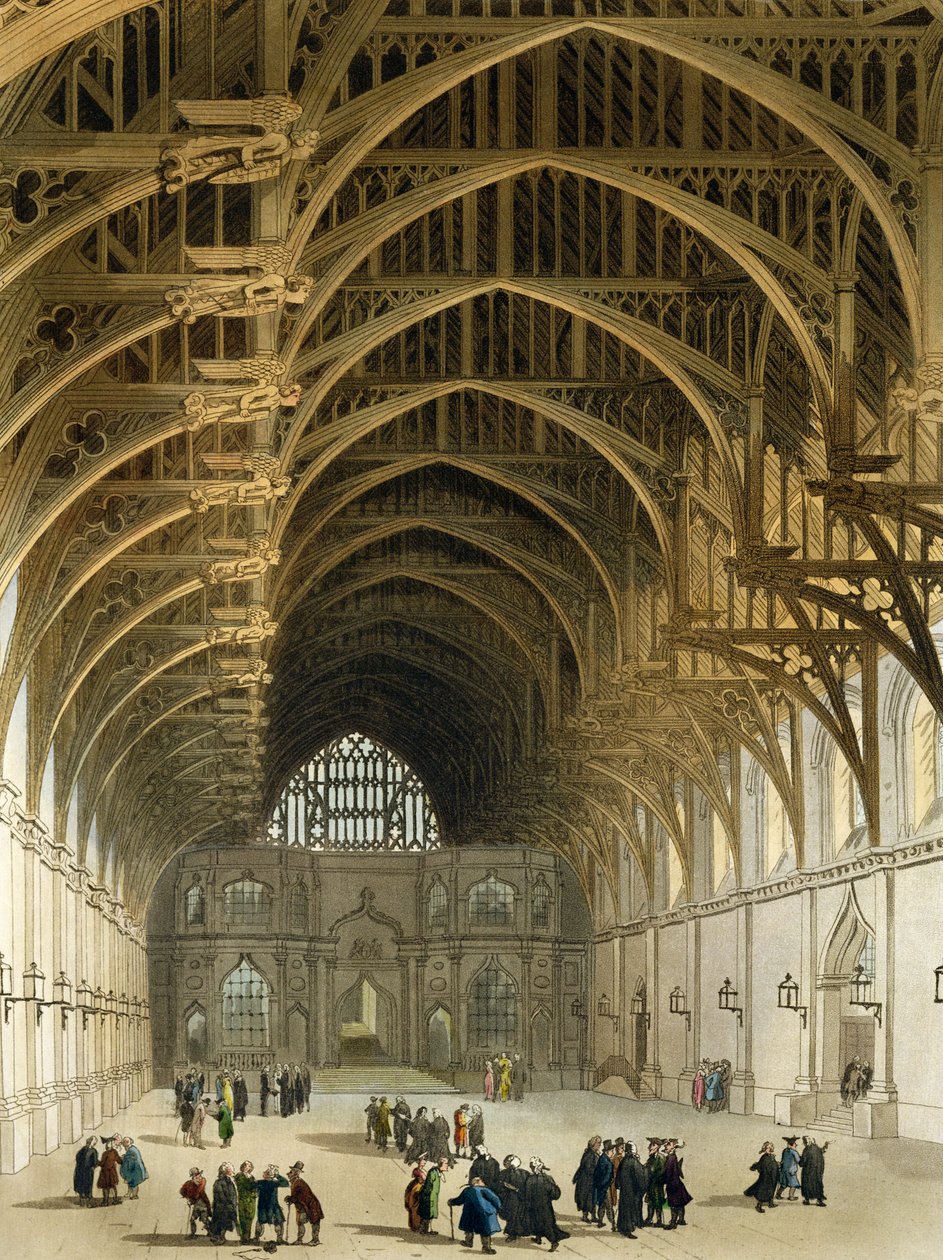 Westminster Hall, indgraveret af J. Bluck (fl.1791-1831) pub. af R. Ackermann, 1809 (farvet akvatint) af Pugin and Rowlandson