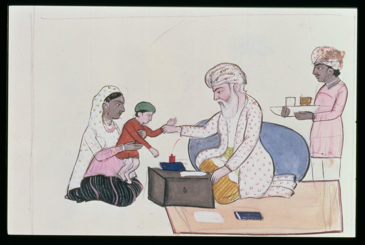 Indisk læge undersøger en patient, ca. 1890 (wc på papir) af Punjabi School