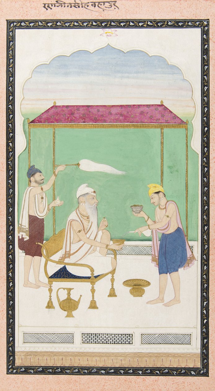 Ranjit Singh siddende på en guldstol med deltagelse af en morkisk bærer, ca. 1830 af Punjabi School