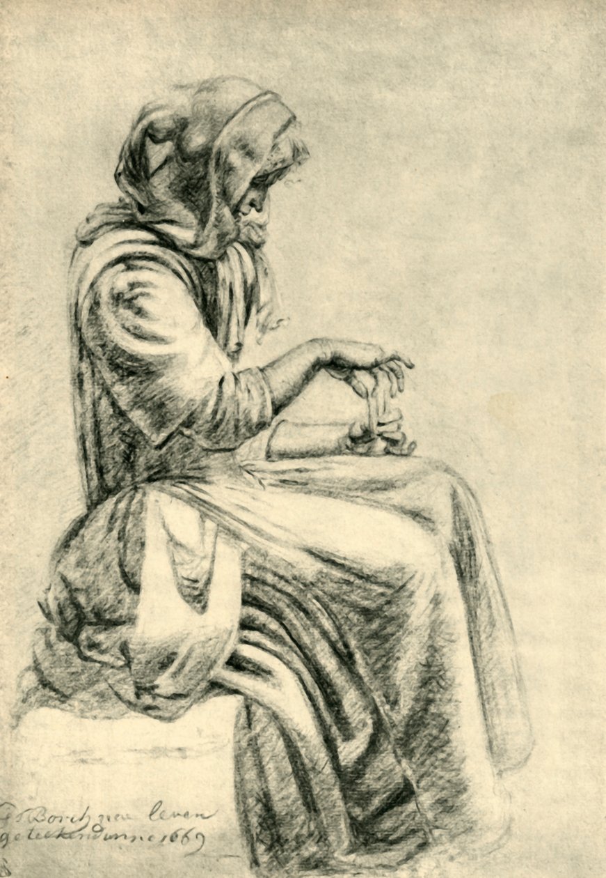 Siddende kvinde med spillekort, 1669, 1943. af Pupil of Gerard ter Borch II