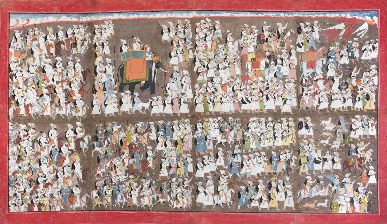 Sansar Chand siddende på en elefant, omgivet af en hær til fods og til hest, ca. 1790 (ugennemsigtigt wc på papir) af Purkhu