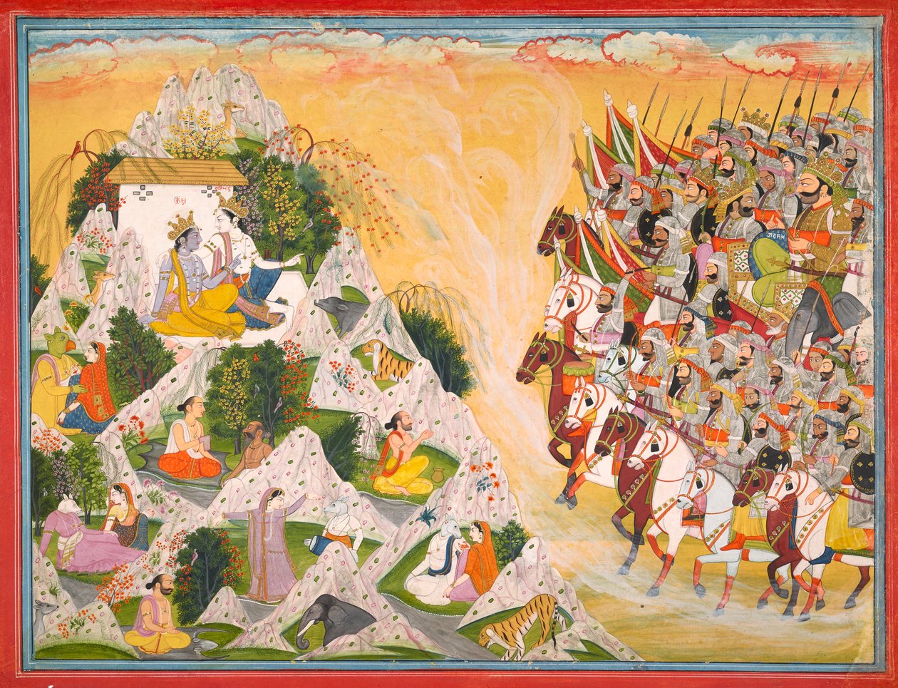 Jarasandhas hær rykker frem mod Krishna og Balrama, folio fra en Mahabharata af Purkhu