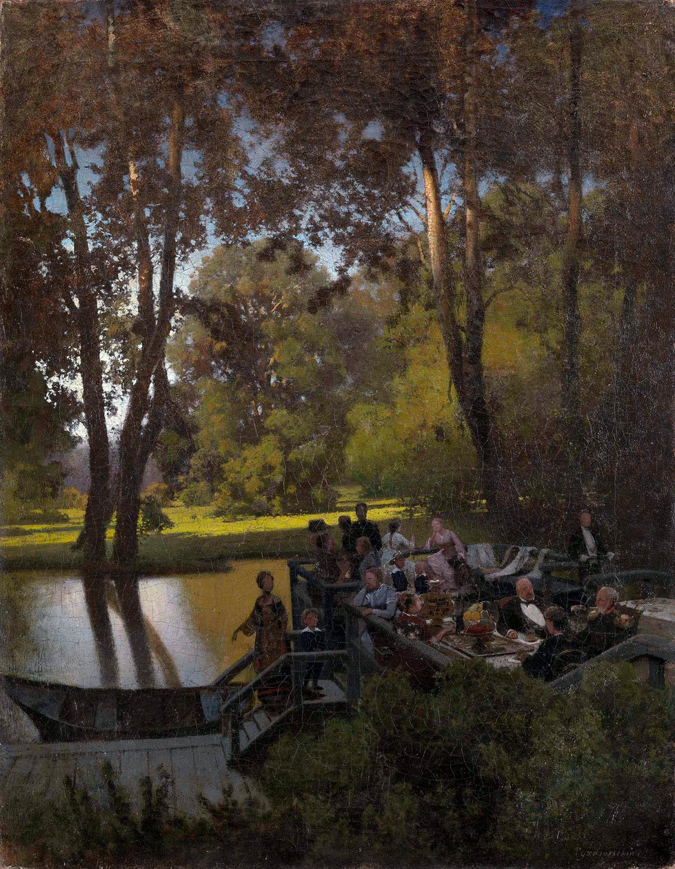 ""Dejeuner au parc"" (frokost i parken) Peinture de Pyotr Alexandrovich Sukhodolsky (Soukhodolsky) (1835-1903) Olie på lærred Dim 61,5x48 cm Privat samling af Pyotr Alexandrovich Sukhodolsky