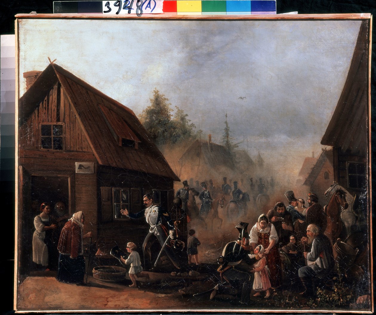 Scene fra den russiske franske krig i 1812 (Scene fra den russiske franske krig i 1812). Maleri af Pyotr Ilyich Baykov (1817-?). Olie på lærred, 45,3 x 55,5 cm af Pyotr Baykov