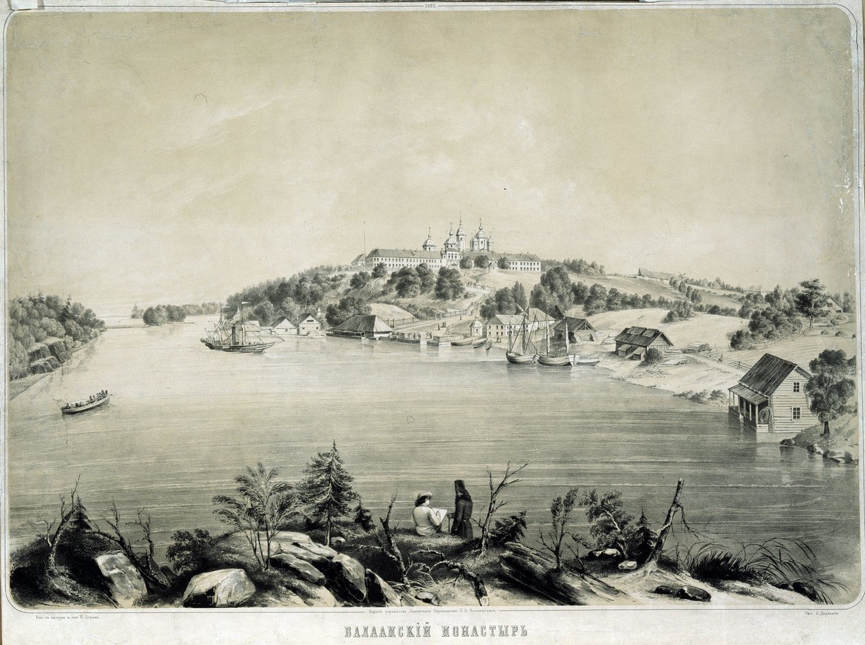 Valaam-klosteret (eller Valamo) på Valaam-øen i Lagoda-søen (Rusland) (Valaam-klosteret på Valaam-øen i Lagoda-søen). Tegning af Pyotr Fyodorovich Borel (1829-1898). Litografi, 53,3 x 70,5 cm af Pyotr Fyodorovich Borel