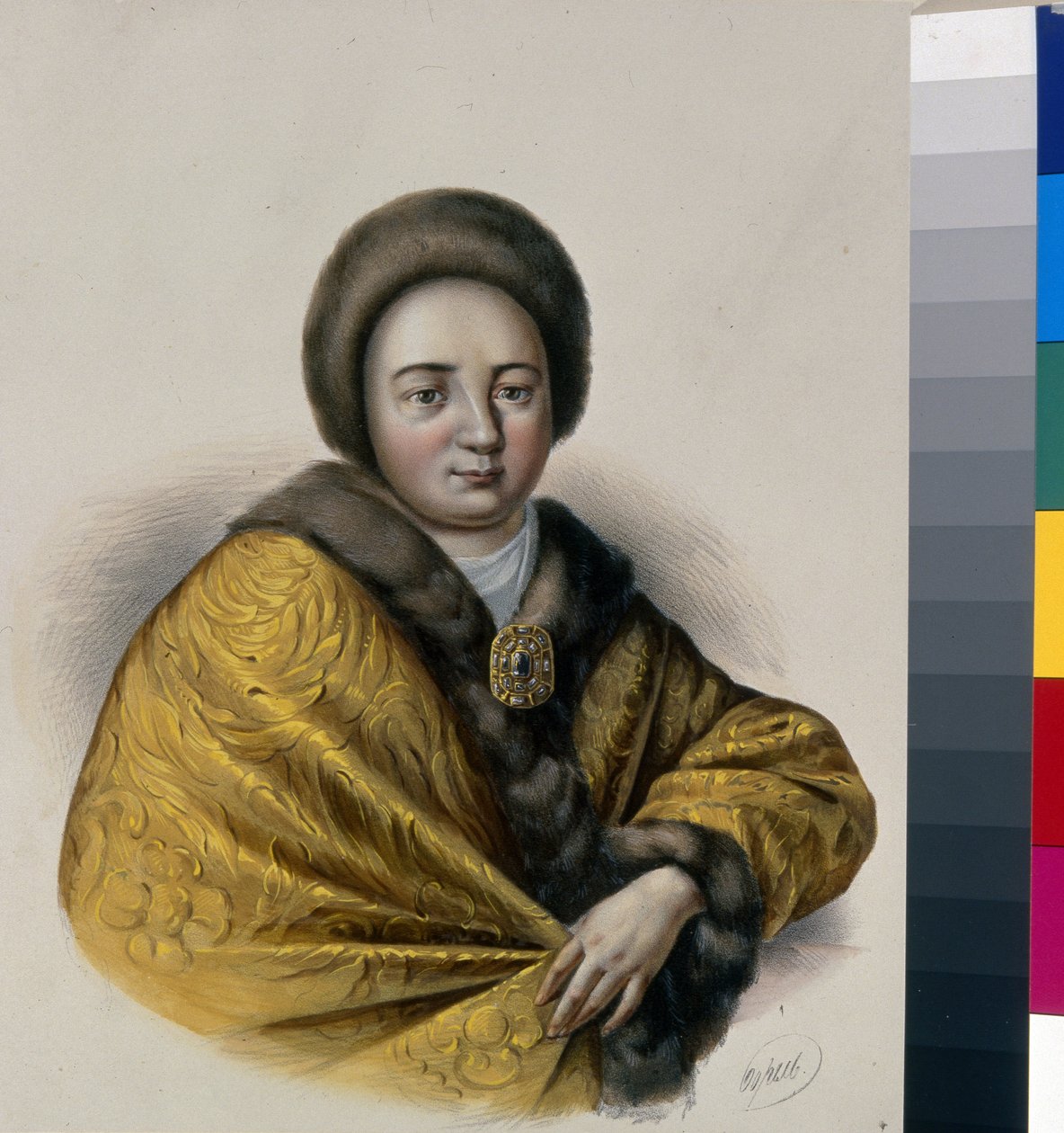 Portræt af tsarina Natalia Naryshkina (Narychkina) (Nathalie Narychkine) (1651-1694), hustru til zar Alexis I af Rusland (1629-1676). Værk af Pyotr Fyodorovich Borel (1829-1898), litografi, ca. 1860. Russisk kunst af Pyotr Fyodorovich Borel