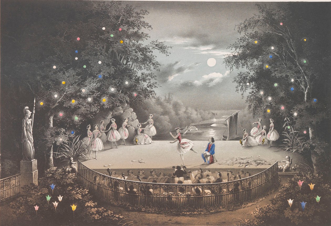 Balletten Naiad and Fisherman af C. Pugni i den lyserøde pavillon, i Peterhof Park, 1851. af Pyotr Fyodorovich Borel