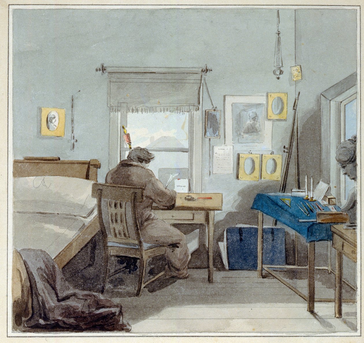 På arbejde. I House of Pavel Nashchokin (1801-?) (Moskva). (På arbejdet. I Pavel Nashchokin House). Pyotr Work (Piotr) Fyodorovich Sokolov (Pierre Sokolov) (1791-1848), akvarel på papir af Pyotr Fyodorovich Sokolov