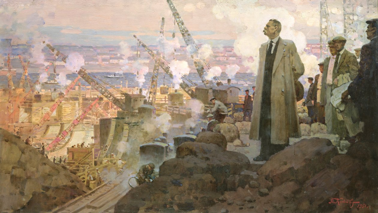 Maxim Gorkij (1868-1936) ved opførelsen af vandkraftværket 