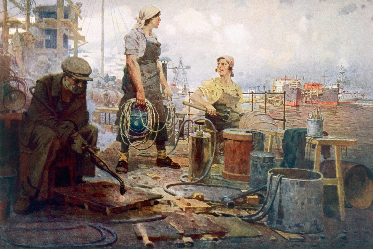 Det røde Sormovo-værft, ca. 1920 (farvelitografi) af Pyotr Ivanovich Kotov