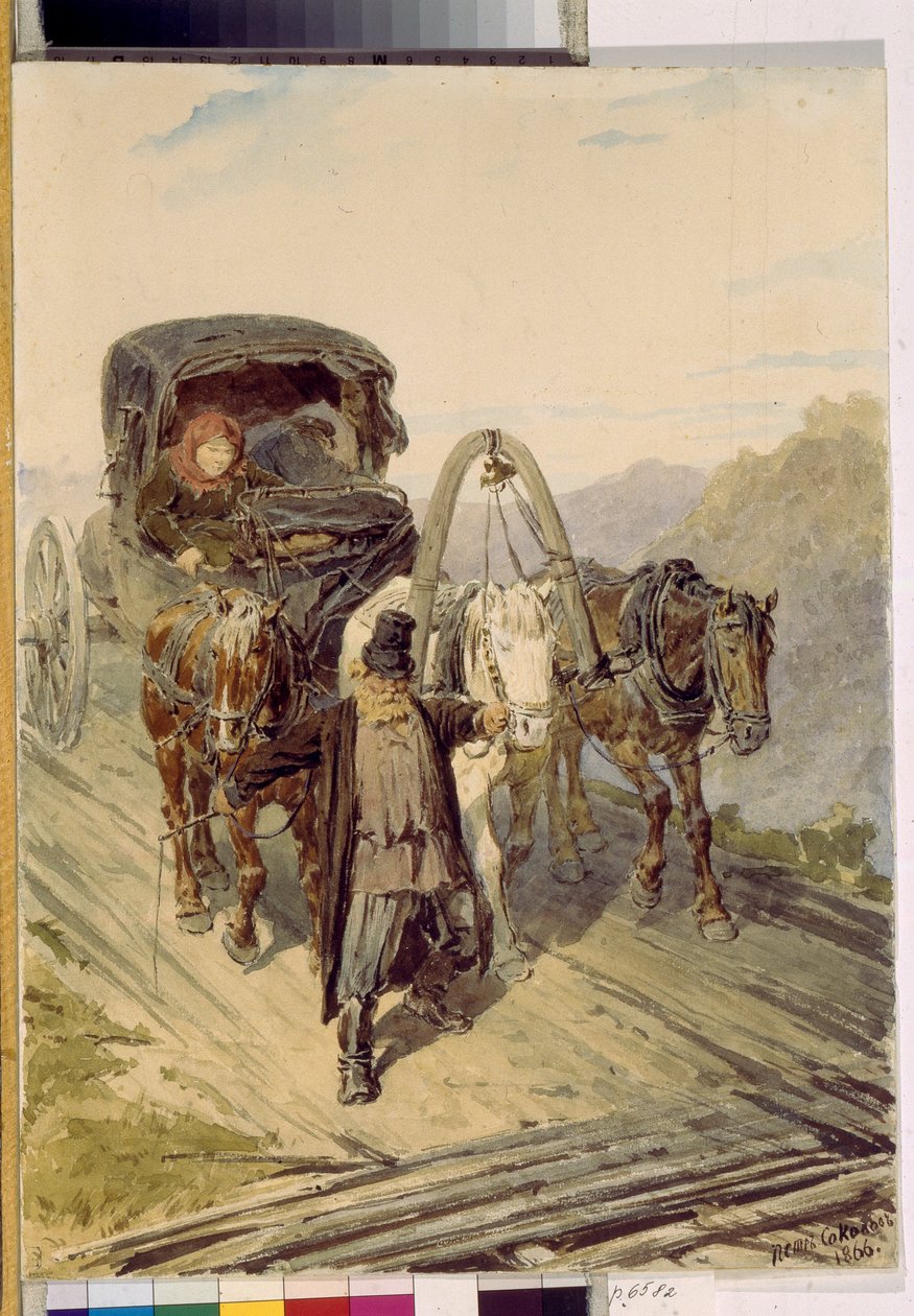 Trojka (russisk vogn trukket af tre heste). Værk af Pyotr (Piotr) Petrovich Sokolov (1821-1899), akvarel på papir af Pyotr Petrovich Sokolov