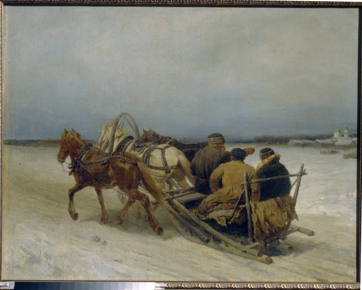 Trojka om vinteren. (Traditionelt russisk træk, trukket af tre heste). Maleri af Pyotr (Piotr) Petrovich Sokolov (1821-1899), olie på lærred af Pyotr Petrovich Sokolov