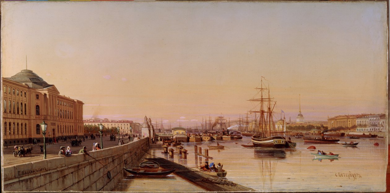 Sommeraften på bredden af ​​Neva, nær Kunstakademiet i Sankt Petersborg. Maleri af Pyotr Petrovich Vereschagin (Vereshchagin, Vereshchagin) (1836-1886), olie på lærred, ca. 1870. Russisk kunst af Pjotr ​​​​Petrowitsch Wereschtschagin