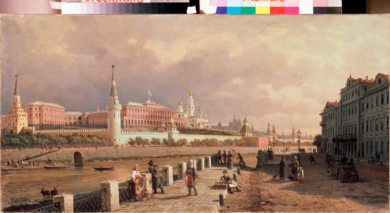 Udsigt over Kreml fra Sophia-dæmningen i Moskva - Maleri af Pyotr Petrovich Vereshchagin (Pyotr Vereshchagin) (1836-1886), olie på lærred af Pjotr ​​​​Petrowitsch Wereschtschagin