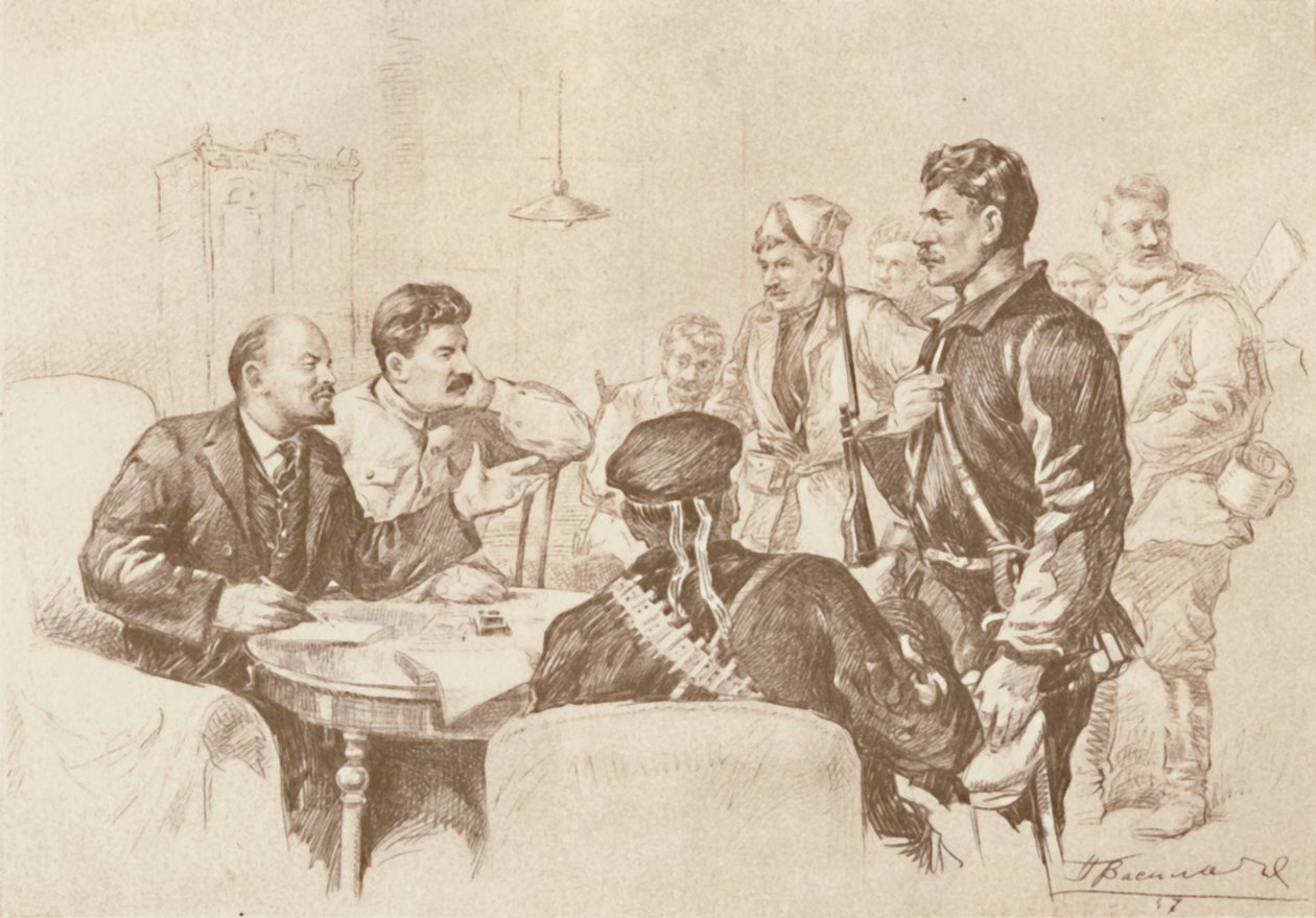 Lenin og Stalin taler til rødgardister i Smolnyj, 1917, 1939. af Pyotr Vasilyev