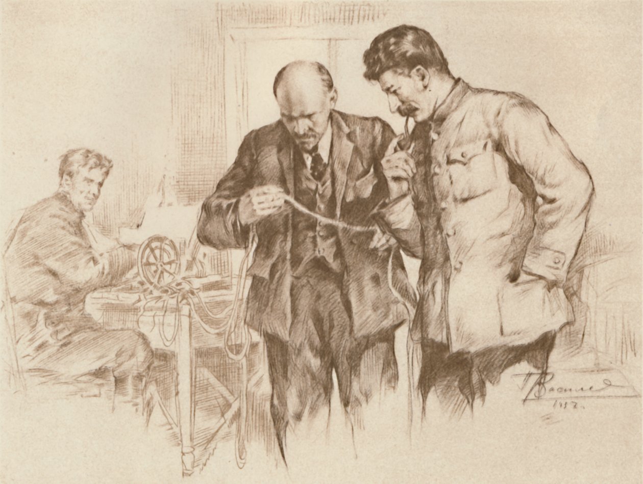 Lenin og Stalin ved den direkte ledning, 1918, 1939. af Pyotr Vasilyev
