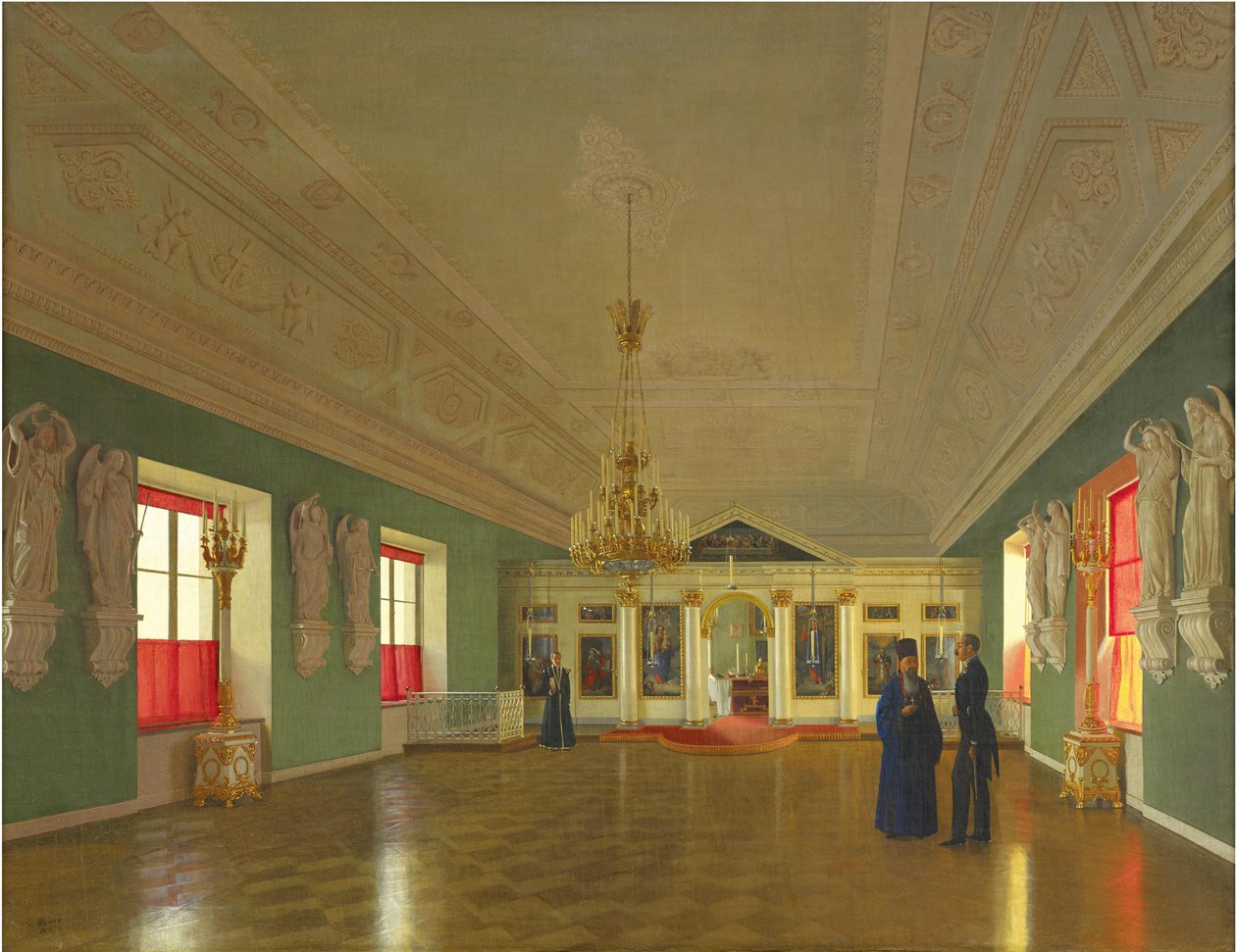 Interiør af Palace Church of St. Alexander Nevsky, Anichkov Palace, Sankt Petersborg, 1850. af Pyotr Vasilyevich Tutukin