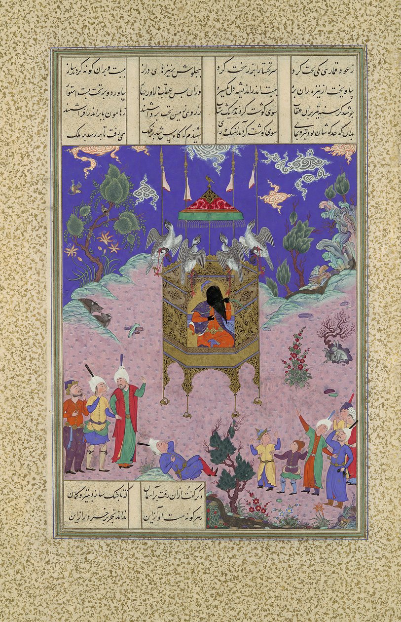 Kai Kavus Ascends to the Sky, Folio 134r fra Shahnama Book of Kings..., ca. 1525-30. af Qadimi
