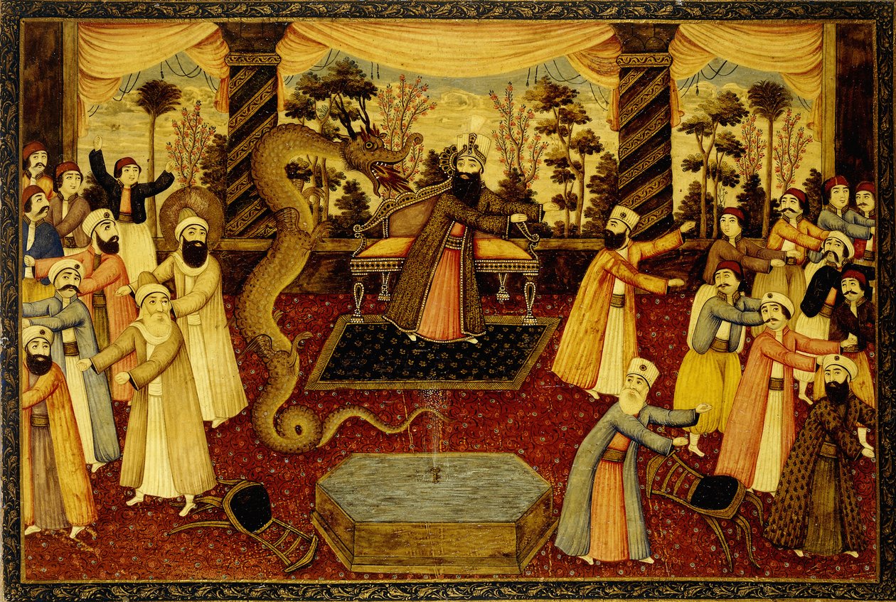 Og han kastede sin stang ned, og den blev forvandlet til en slange, og Moses flygtede fra den, ca. 1860-70 af Qajar School