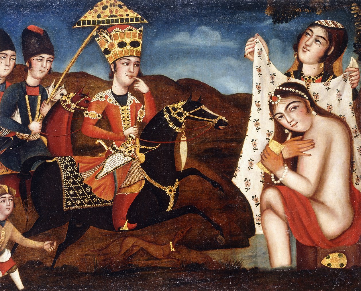 Khusraw opdager Shirin-badning, ca. 1840 af Qajar School
