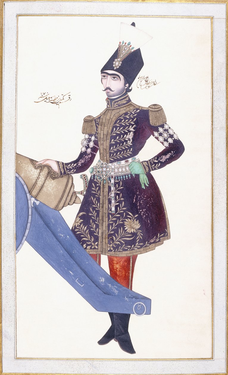 Portræt af Nasir al-Din Shah, hånd hviler på en kanon, ca. 1853-4 af Qajar School