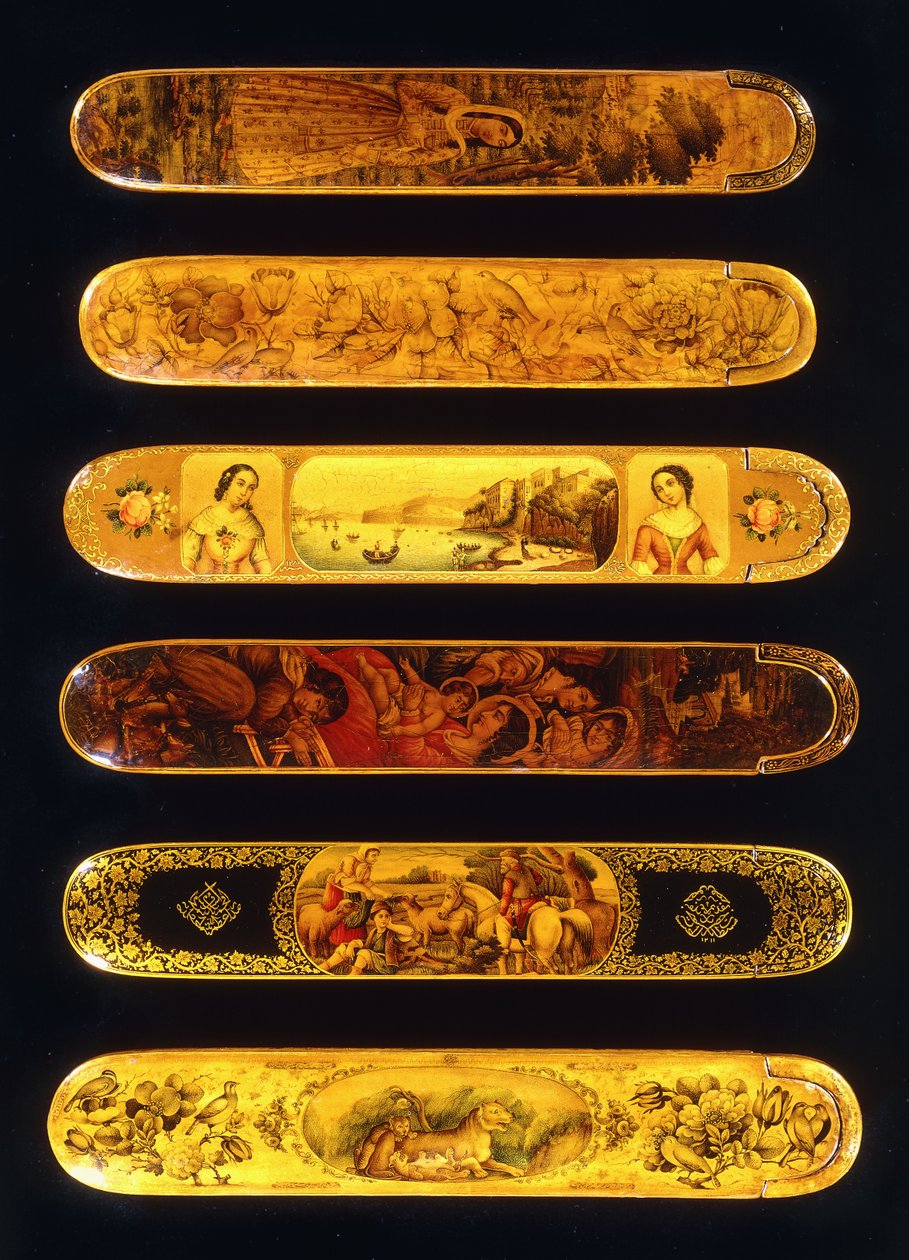 Seks papmache polykrome lak qalamdans, 1800-tallet af Qajar School