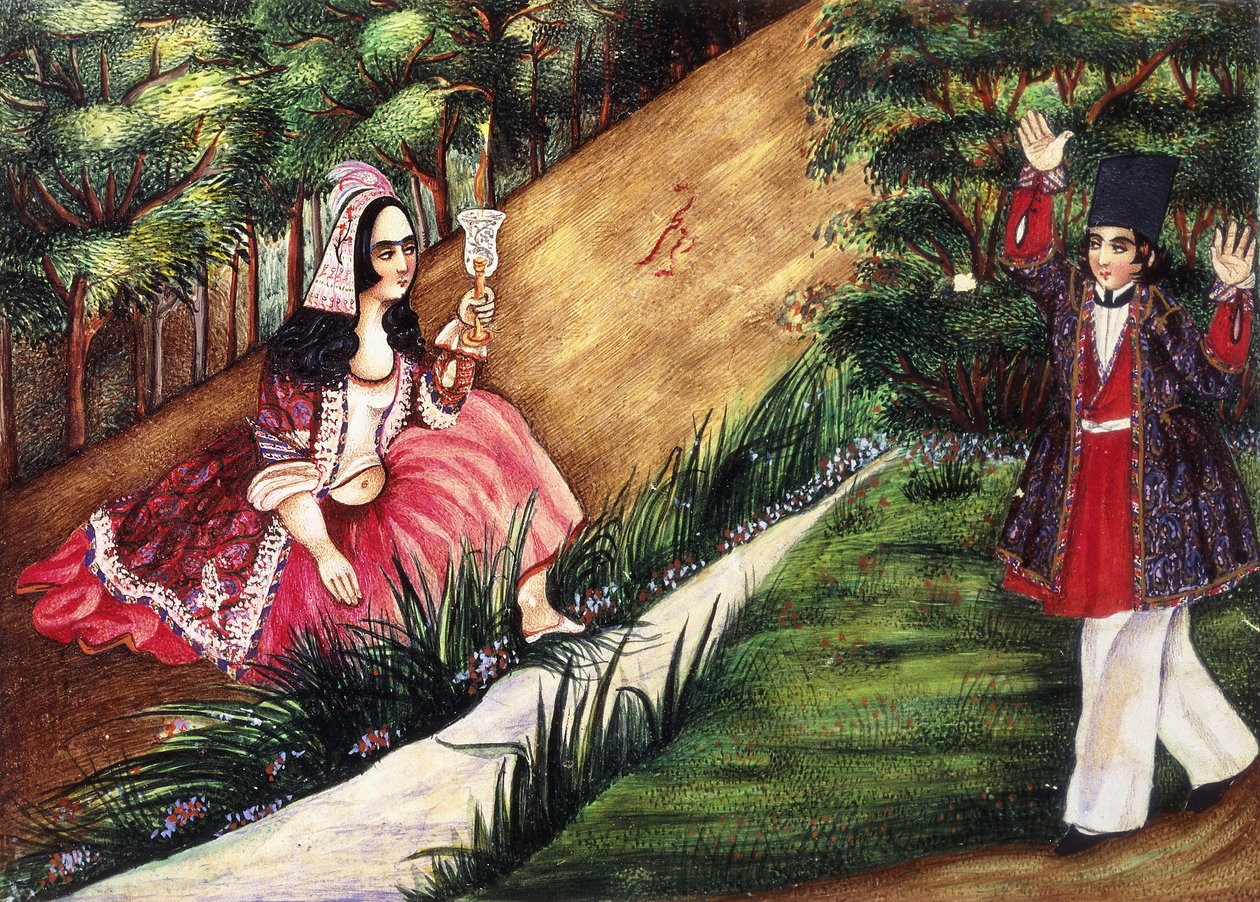 Ungdom kommer over en pige ved en strøm, ca. 1863-4 af Qajar School