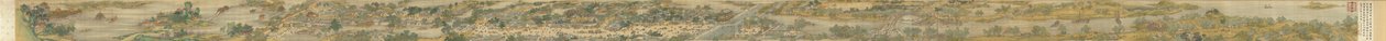Langs floden Under Qingming-festivalen, Qing Court-version, håndrulle, 1736 (blæk og farve på silke) af Qing Dynasty Chinese School