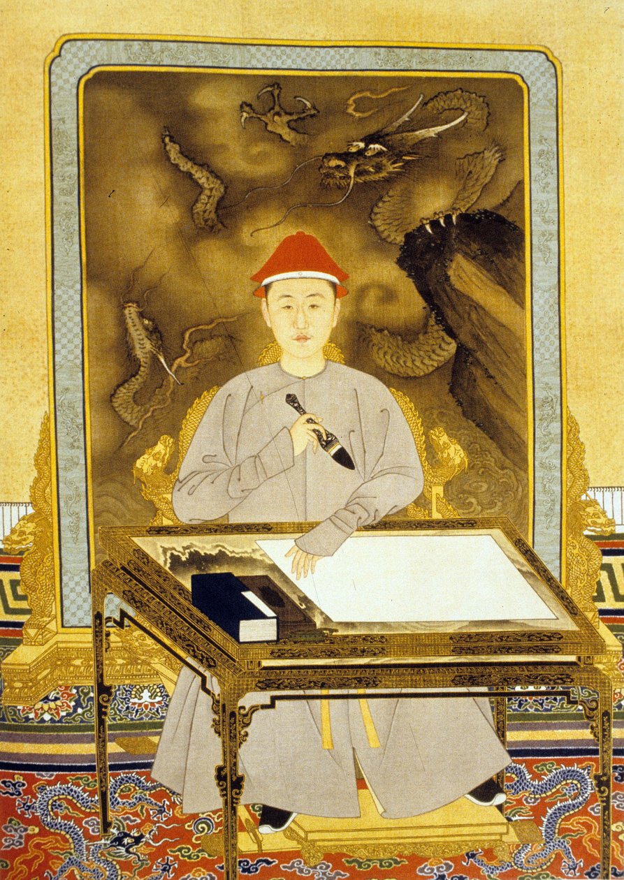 Heng Tsu eller Kangxi, Kinas kejser ved sit skrivebord af Qing Dynasty   Kangxi Period Chinese School