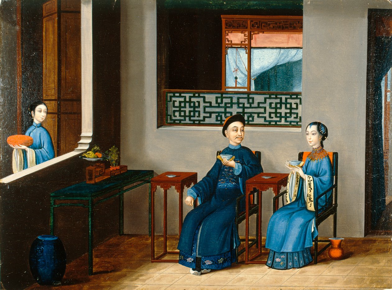 Et par drikker te, ca. 1800 (olie på lærred) af Qing Dynasty Chinese School