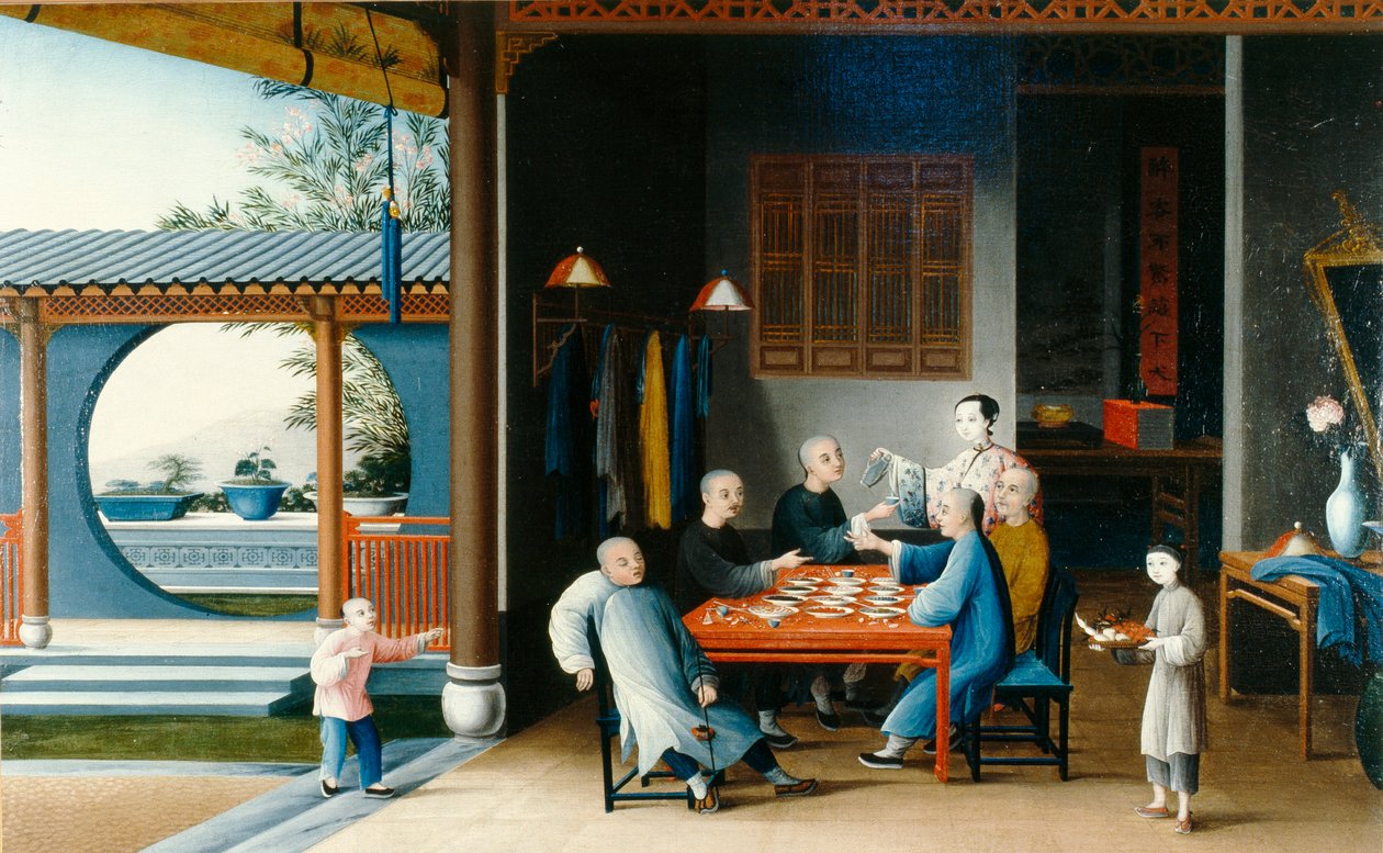 En spisescene, ca. 1800 (olie på lærred) af Qing Dynasty Chinese School